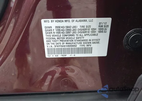 2017 Honda Pilot Ex-L from USA, damaged, VIN 5FNYF6H61HB059052